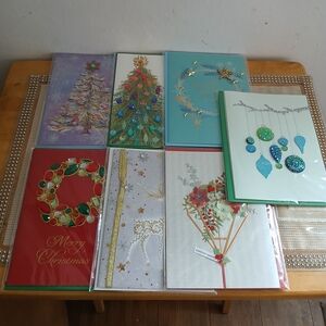 Set of 7 Papyrus 3D Jeweled Bejeweled Shiny Greeting Christmas Cards Beautiful